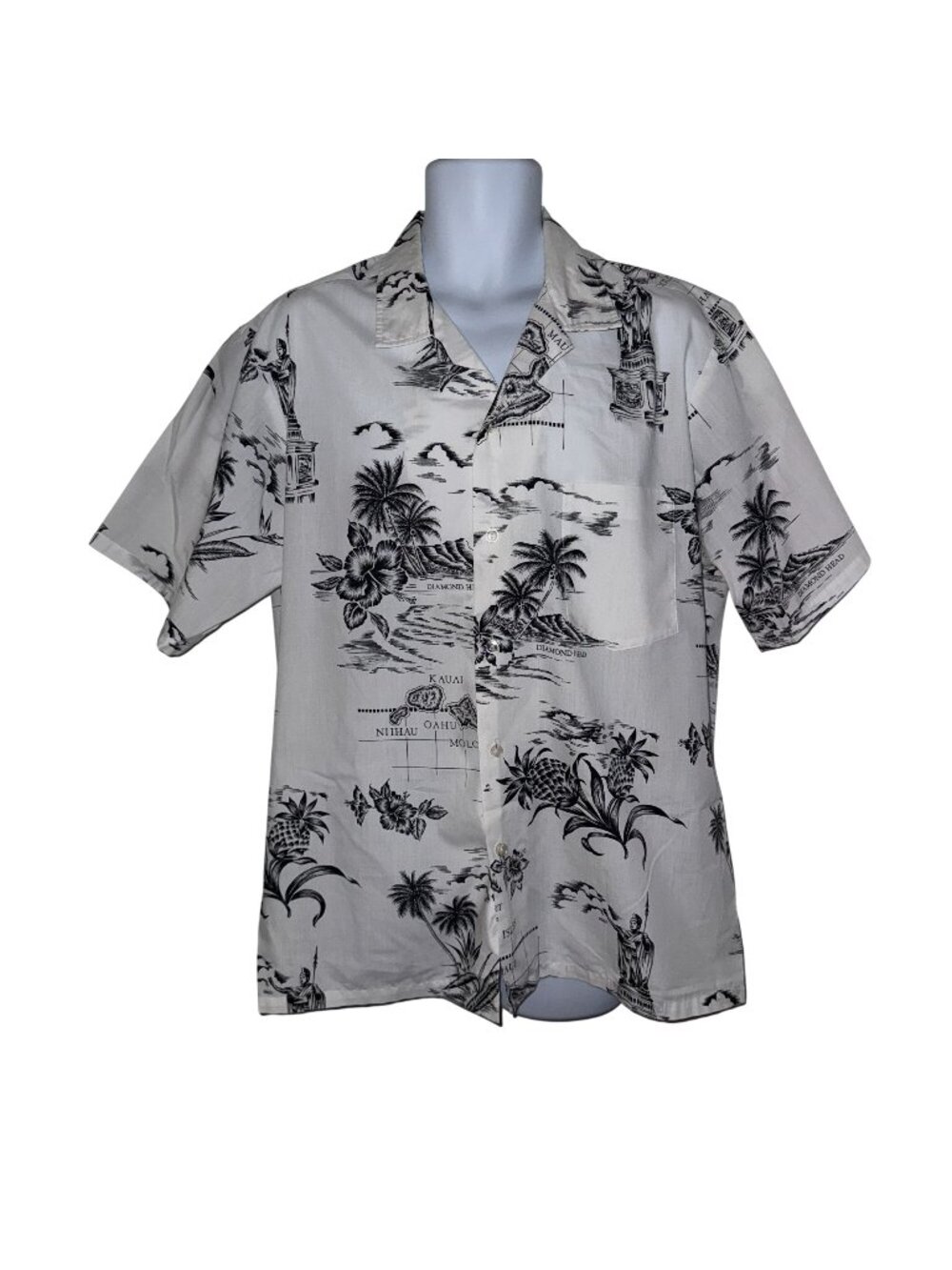 VTG Hawaii Button Shirt Mens XL Black White Floral Plumeria Hawaiian Islands